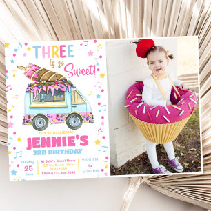 Three Is So Sweet Girls Ice Cream 3rd Birthday  Invitation