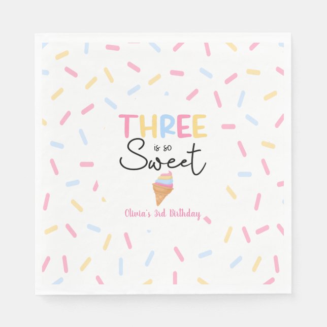 Three Is So Sweet Ice Cream 3rd Birthday Party Napkin (Front)