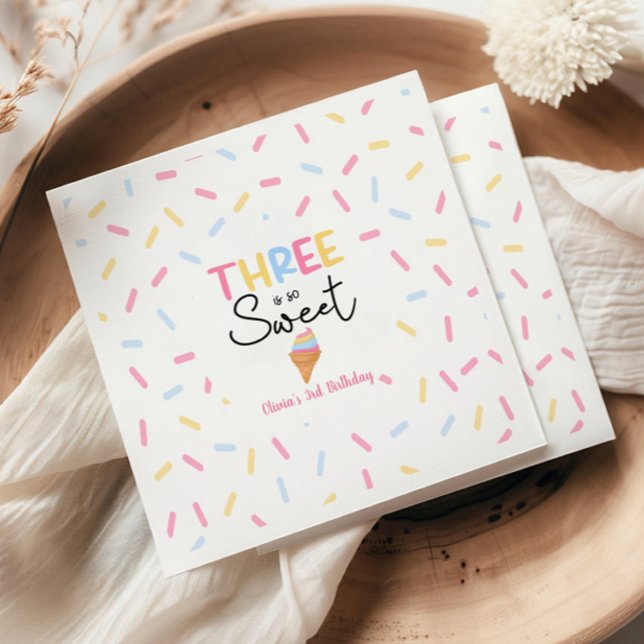 Three Is So Sweet Ice Cream 3rd Birthday Party Napkin (Creator Uploaded)