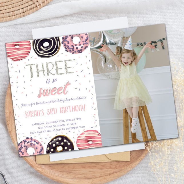 Three is Sweet Doughnut Birthday Invitations photo (Three is Sweet Donut Birthday Invitations photo)