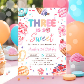 Three Is Sweet Doughnut Candy 3rd Birthday Invitat Invitation