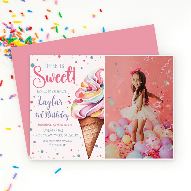 Three is Sweet Ice Cream 3rd Birthday Photo Invitation (Creator Uploaded)