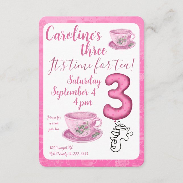 Three It’s Time for Tea 3rd Birthday Invitation (Front)