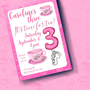 Three It’s Time for Tea 3rd Birthday Invitation