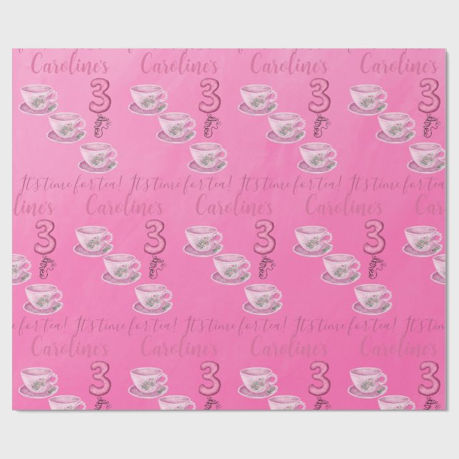 Three It’s Time for Tea 3rd Birthday Wrapping Paper (Flat)