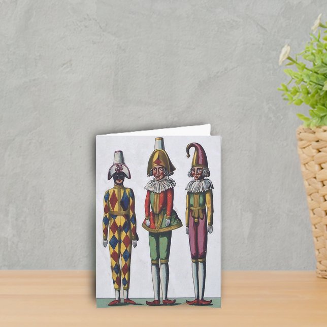 Three Jesters Note Card (Three Dolls in colourful Jester outfits with hats on grey notecards.)