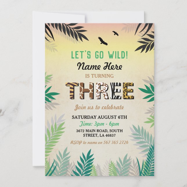Three Jungle 3rd Birthday Party Safari ZOO Invite (Front)