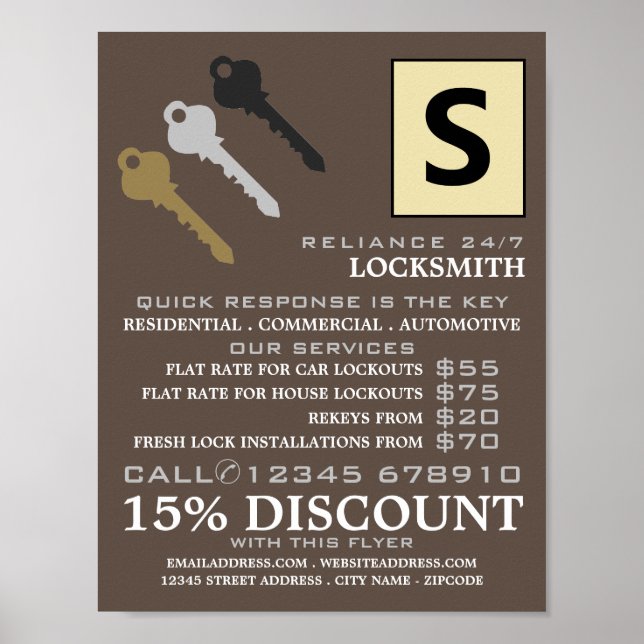 Three Keys & Logo, Locksmith Advertising Poster (Front)