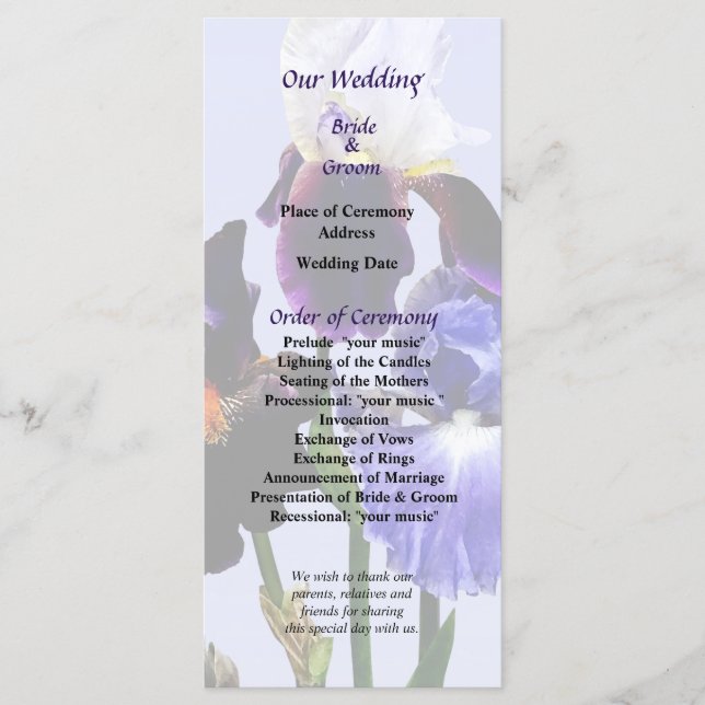 Three Kinds of Irises Wedding Program Programme (Front)