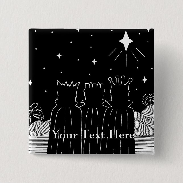 Three kings and Christmas star black and white art 15 Cm Square Badge (Front)