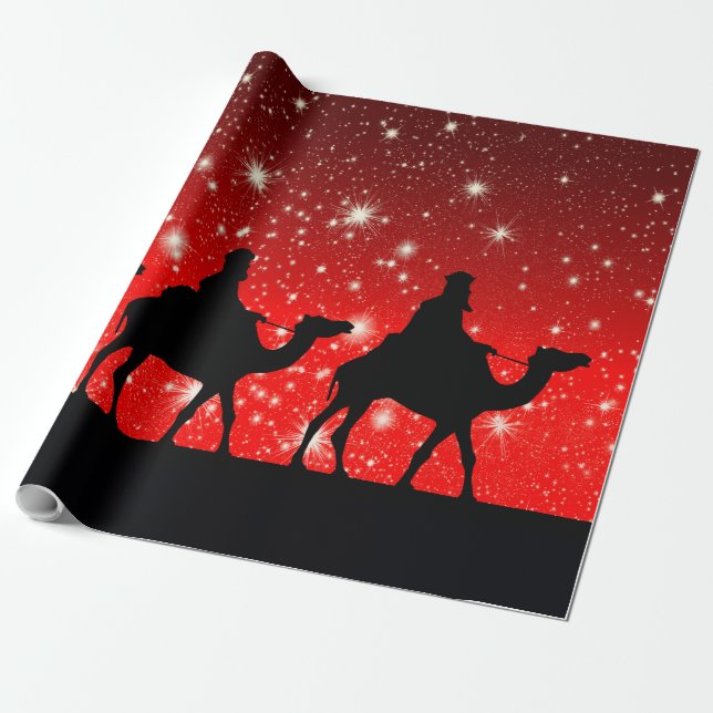 THREE KINGS ON RED SKY WITH STARS WRAPPING PAPER (Unrolled)