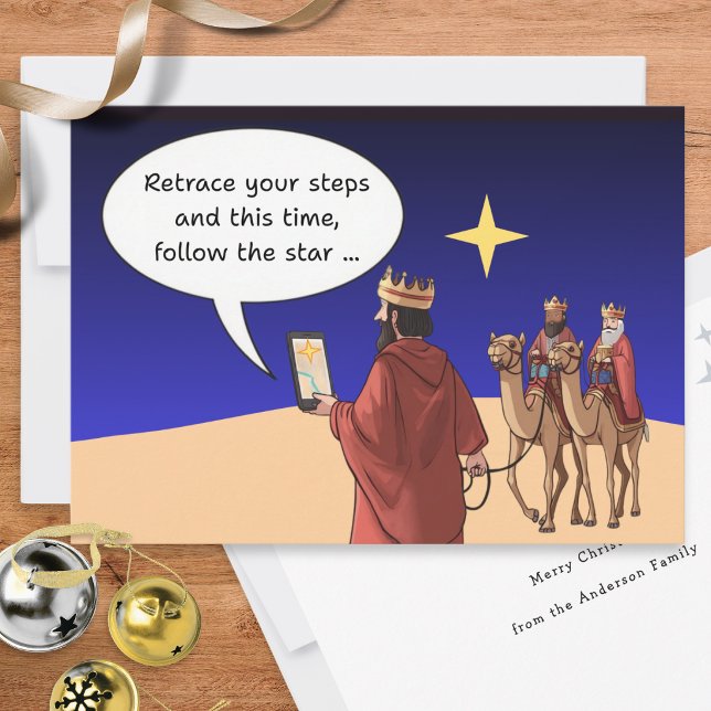 Three Kings Satnav Star Funny Christmas Holiday Card (A funny Christmas card with cartoon of the 3 Kings using phone navigation)