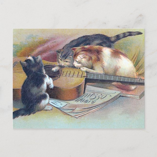 Three Kittens and a Guitar Vintage Illustration Postcard (Front)