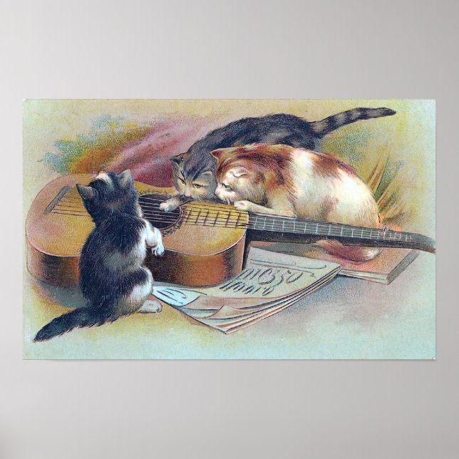 Three Kittens and a Guitar Vintage Illustration Poster (Front)