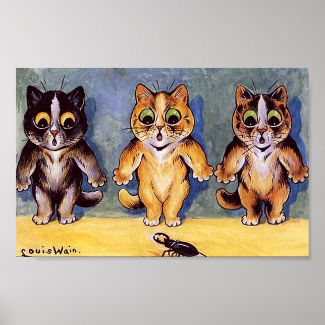 Three Kittens and Beetle, Louis Wain Poster (Front)