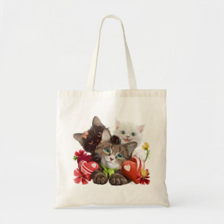 Three kittens and hearts tote bag