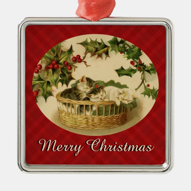 Three Kittens in a Basket Christmas Ornament (Front)