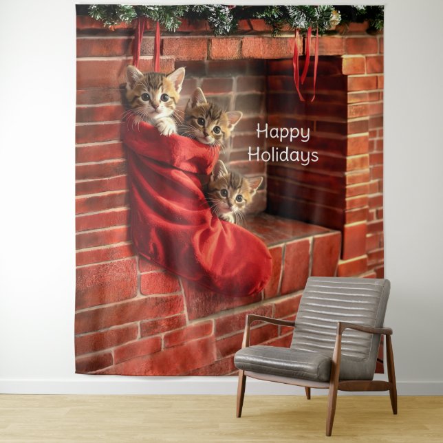 Three kittens in a Christmas Stocking Backdrop Tapestry (In Situ)