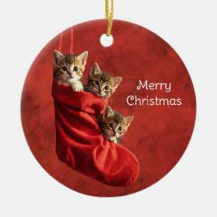 Three kittens in a Christmas Stocking Ceramic Tree Decoration