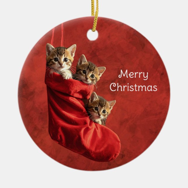 Three kittens in a Christmas Stocking Ceramic Tree Decoration (Front)
