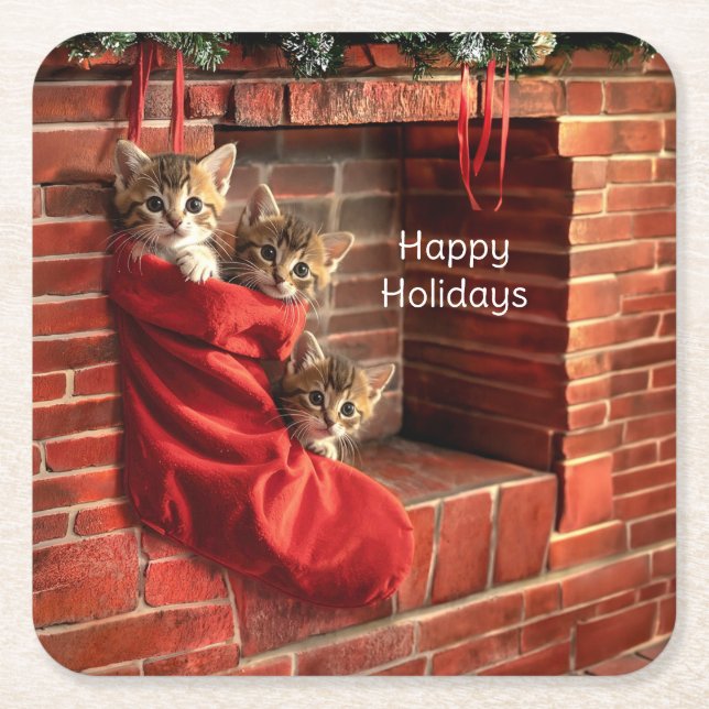 Three kittens in a Christmas Stocking Paper  Square Paper Coaster (Front)