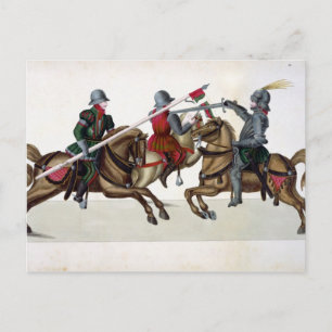 Three knights at a tournament, plate from 'A Histo Postcard