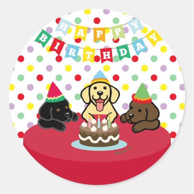 Three Labrador Puppies Cartoon Birthday Classic Round Sticker (Front)
