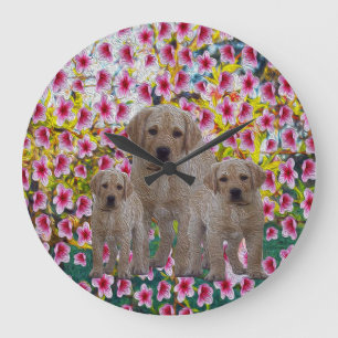 Three Labrador Puppies Oil Painted, Large Clock