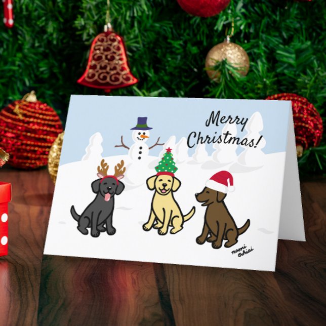 Three Labradors and Snowman Christmas Holiday Card (Three Labradors and Snowman Design Christmas Cards for Labrador Owners.  Cute cartoon style design.)