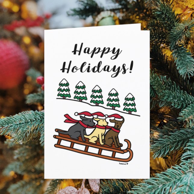 Three Labradors Sled Sliding Happy Holidays Holiday Card (Three Labradors Sled Sliding Design Happy Holiday Card for Labrador Owners.  Snow white Background.)