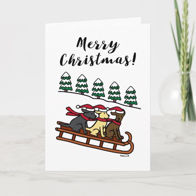 Three Labradors Sled Sliding Merry Christmas Holiday Card (Front)