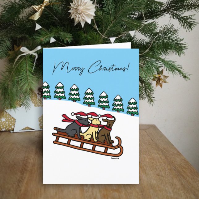 Three Labradors Sled Sliding Snow View Holiday Card (Three Labradors Sled Sliding Design Christmas Card for Labrador Owners.  Snow View Background.)