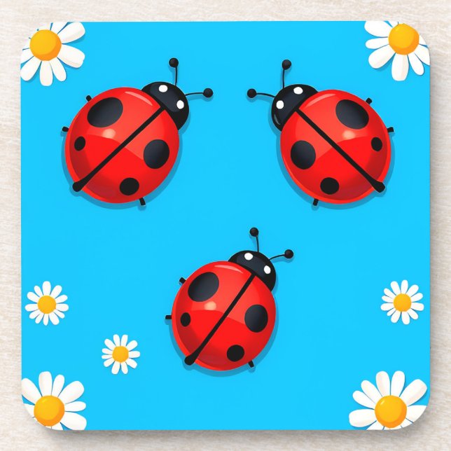 Three Ladybugs On Blue Background Nature Design Coaster (Front)
