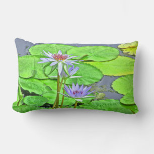 THREE LAVENDER BLUE LOTUS BLOSSOMS AND LILY PADS LUMBAR CUSHION