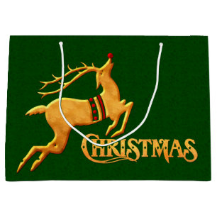 Three Leaping Reindeer on Green Damask Large Gift Bag