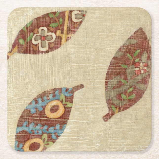 Three Leaves on Linen Texture Background Square Paper Coaster (Front)