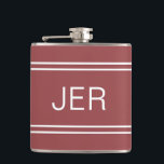 Three Letter Initials Monogrammed Dark Trendy Red Hip Flask<br><div class="desc">Three Initial Letters Monogrammed stainless steel flasks are timeless, classic and stylish. Our Unique design is the perfect personalised gift for that special occasion. Shop our integrated collection of coordinating colours and golf - sports accessories. Custom personal monogrammed initials are added to a red background with white shadowed font and...</div>