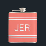 Three Letter Initials Monogrammed Drink Coral Hip Flask<br><div class="desc">Three Initial Letters Monogrammed stainless steel flasks are timeless, classic and stylish. Our Unique design is the perfect personalised gift for that special occasion. Shop our integrated collection of coordinating colours and golf - sports accessories. Custom personal monogrammed initials are added to a popular coral background with white shadowed font...</div>
