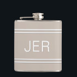 Three Letter Initials Monogrammed Drink Khaki Hip Flask<br><div class="desc">Three Initial Letters Monogrammed stainless steel flasks are timeless, classic and stylish. Our Unique design is the perfect personalised gift for that special occasion. Shop our integrated collection of coordinating colours and golf - sports accessories. Custom personal monogrammed initials are added to a khaki tan background with white shadowed font...</div>