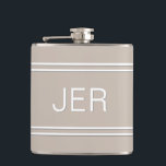 Three Letter Initials Monogrammed Drink Khaki Hip Flask<br><div class="desc">Three Initial Letters Monogrammed stainless steel flasks are timeless, classic and stylish. Our Unique design is the perfect personalised gift for that special occasion. Shop our integrated collection of coordinating colours and golf - sports accessories. Custom personal monogrammed initials are added to a khaki tan background with white shadowed font...</div>