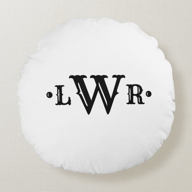 Three Letter Monogram Custom Elegant Black & White Round Cushion (Front)