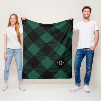 Three Letter Monogram Green Buffalo Check Fleece Blanket