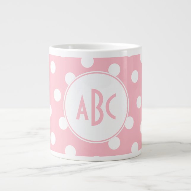 Three Letter Monogrammed Pink and White Polka Dots Large Coffee Mug (Front)
