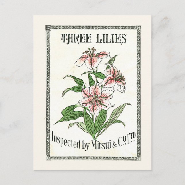 Three Lilies Vintage Japan Silk Advertising Label Postcard (Front)