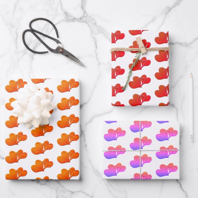Three Linked Heart Pattern Over White Wrapping Paper Sheet (Front)