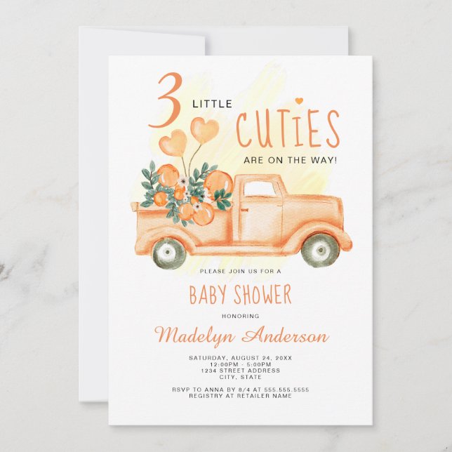 Three Little Cuties Triplets Baby Shower Invitation (Front)