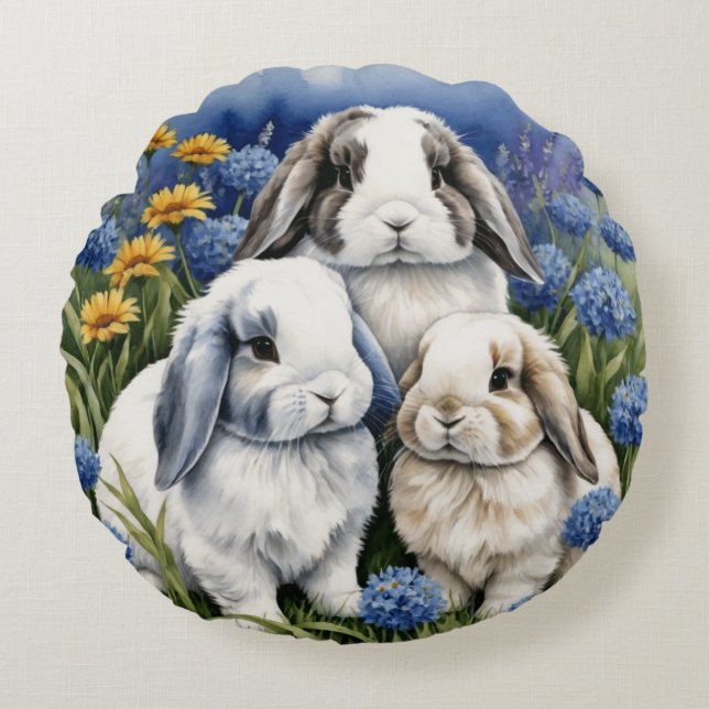 Three Little Lop Bunnies Round Cushion (Front)