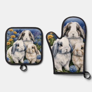 Three Little Lop Bunny Rabbits Oven Mitt & Pot Holder Set