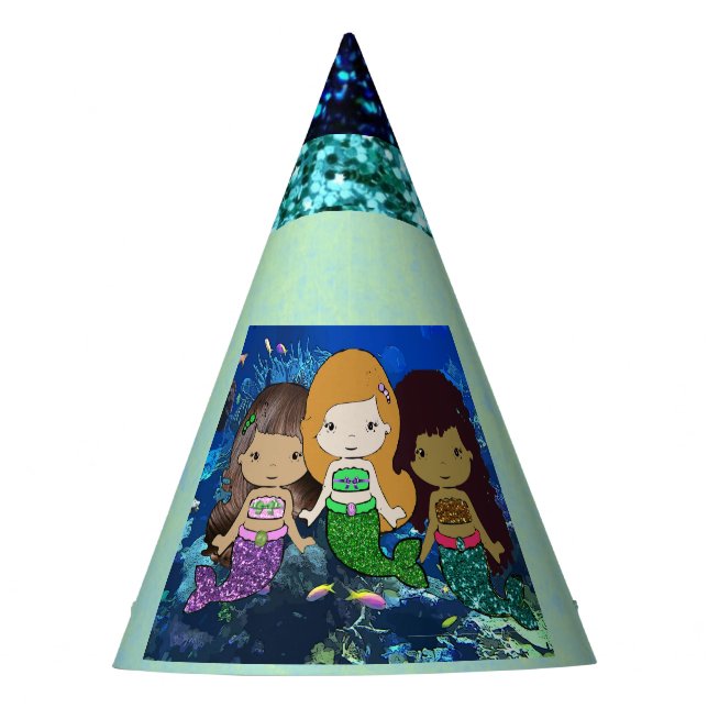 Three Little Mermaids Birthday Party Hat (Front)