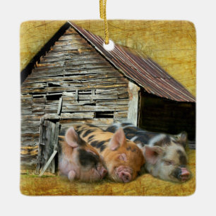 Three Little Pigs At The Rustic Barn Snoozing Ceramic Ornament